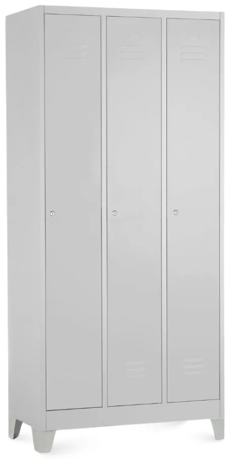 Dulap metalic - 3 compartimente, 90 x 50 x 190 cm, picioare fixe, încuietoare cilindrică, gri deschis - ral 7035