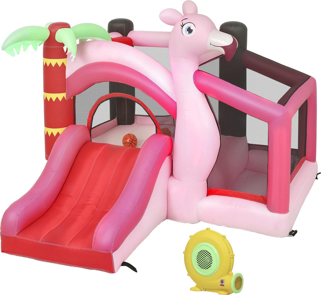 AIYAPLAY Castel Gonflabil pentru Copii 4 în 1, Tobogan, Trambulină, Piscină cu Bile, Coș de Baschet, Mingi de Baschet, Tematică Flamingo, Ventilator, Geantă de Transport, Interior Exterior, 255x230x196cm, Roz | Aosom Romania