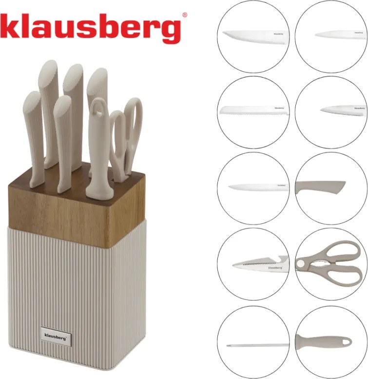 Set cuțite Klausberg KB 7984, 8 piese, Oțel inoxidabil, Ascuțitor, Mâner lemn de salcâm, Bej/lemn