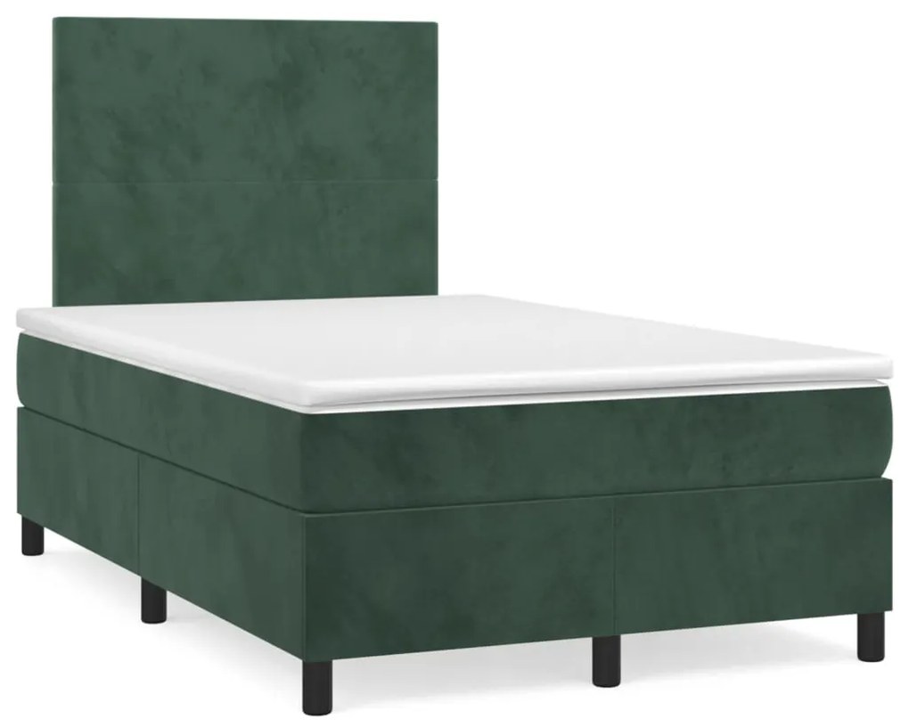 vidaXL Pat cu arcuri, saltea și LED, verde închis, 120x190 cm, catifea