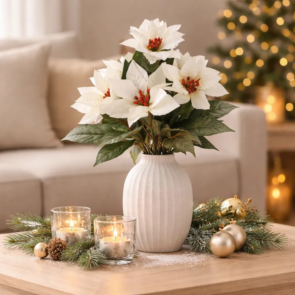 Buchet artificial de trandafiri de Crăciun, albi,43 cm