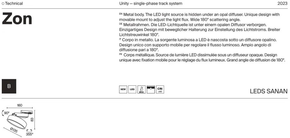 Spot LED, accesoriu pentru sinele monofazate Unity, Zon negru 3000K