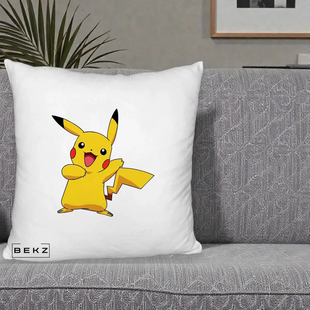 Perna Personalizata Pikachu Fericit, 40x40 cm, Alb Pufos, Husa Detasabila, Perna Inclusa, BEKZ®