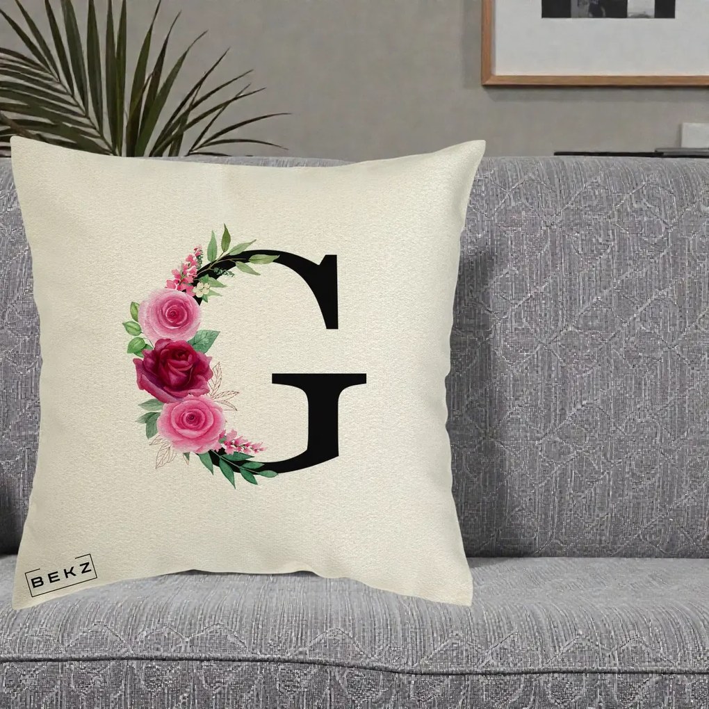 Cadou Personalizat - Perna Personalizata Monograma Florala Litera G, 40x40 cm, Ecru, Husa Detasabila, Perna Inclusa, BEKZ®