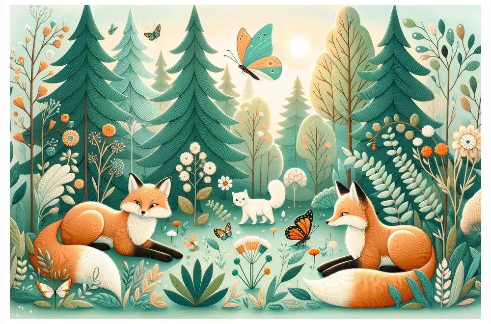 Tablou liniște de pădure cu vulpi