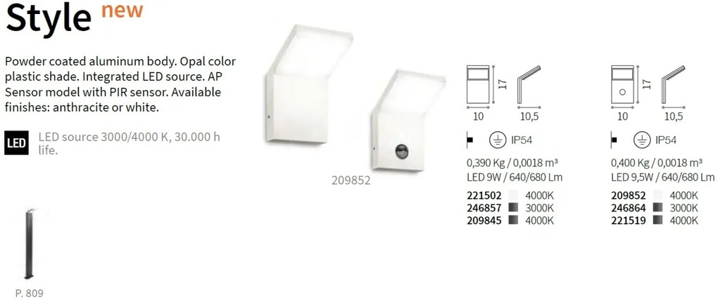 Aplica de exterior cu protectie IP54 STYLE AP BIANCO 4000K 221502 IDL