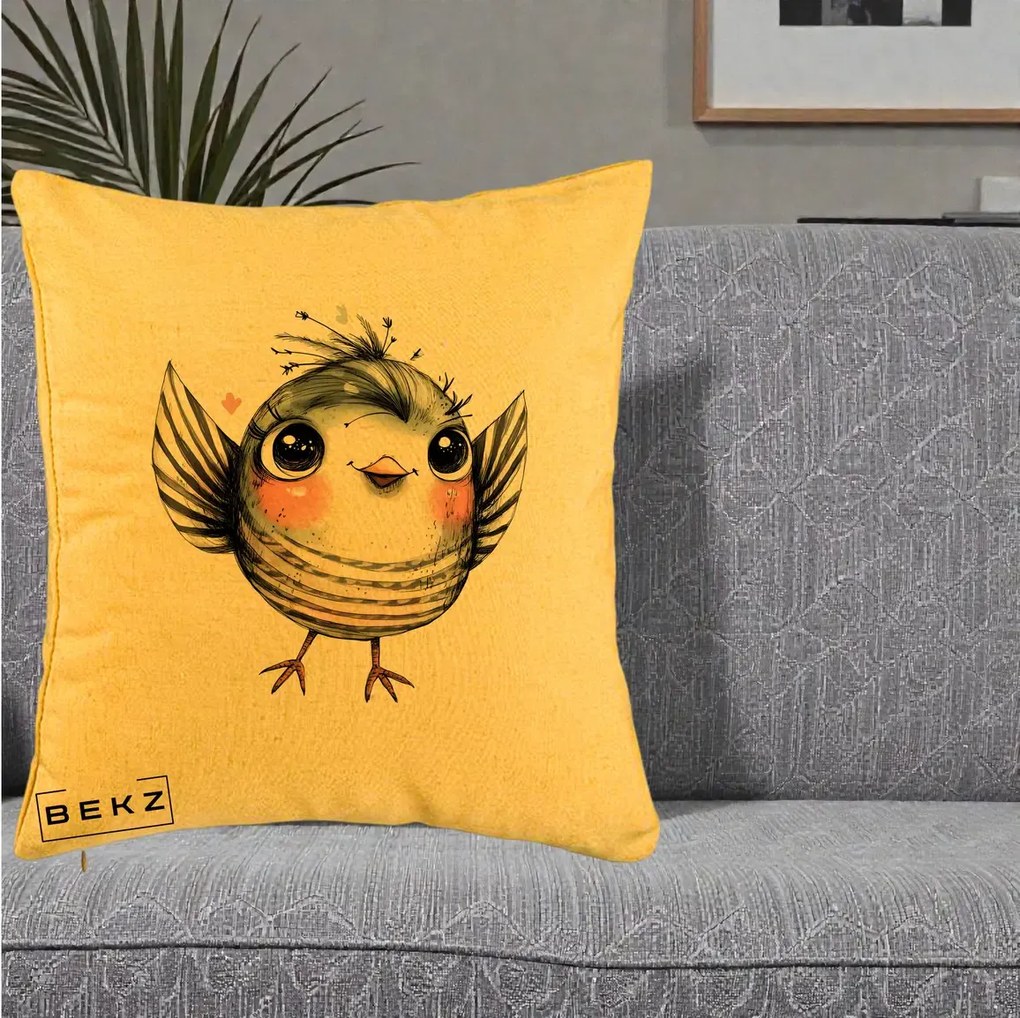 Perna Decorativa Pasare Gri cu Aripi si Inimioare, 40x40 cm, Galben, Husa Detasabila, Perna Inclusa, BEKZ®