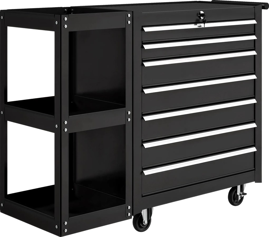 HOMCOM Carucior de atelier pentru unelte cu 7 sertare, poliță laterală detașabilă, 4 roți cu frână de blocare, 96x33,5x75cm, Negru | Aosom Romania