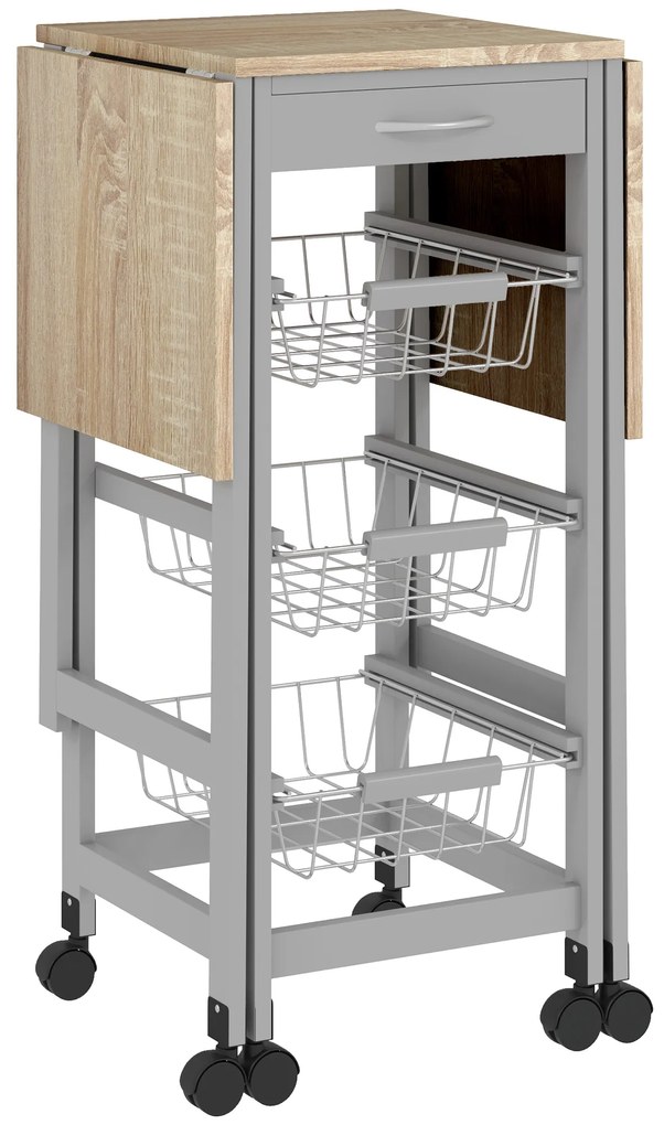 HOMCOM Cărucior de Bucătărie din Lemn și Metal cu 3 Coșuri, Sertar și Clapete, 37x37x77.5 cm, Gri | Aosom Romania