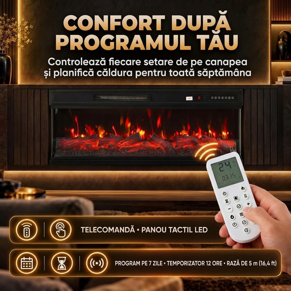 HOMCOM Șemineu Electric de Podea/Încastrabil, 3 Laturi, cu Telecomandă, 750/1500W, Efect Flacără 3D 12 Culori, 5 Niveluri de Luminozitate | Aosom Romania