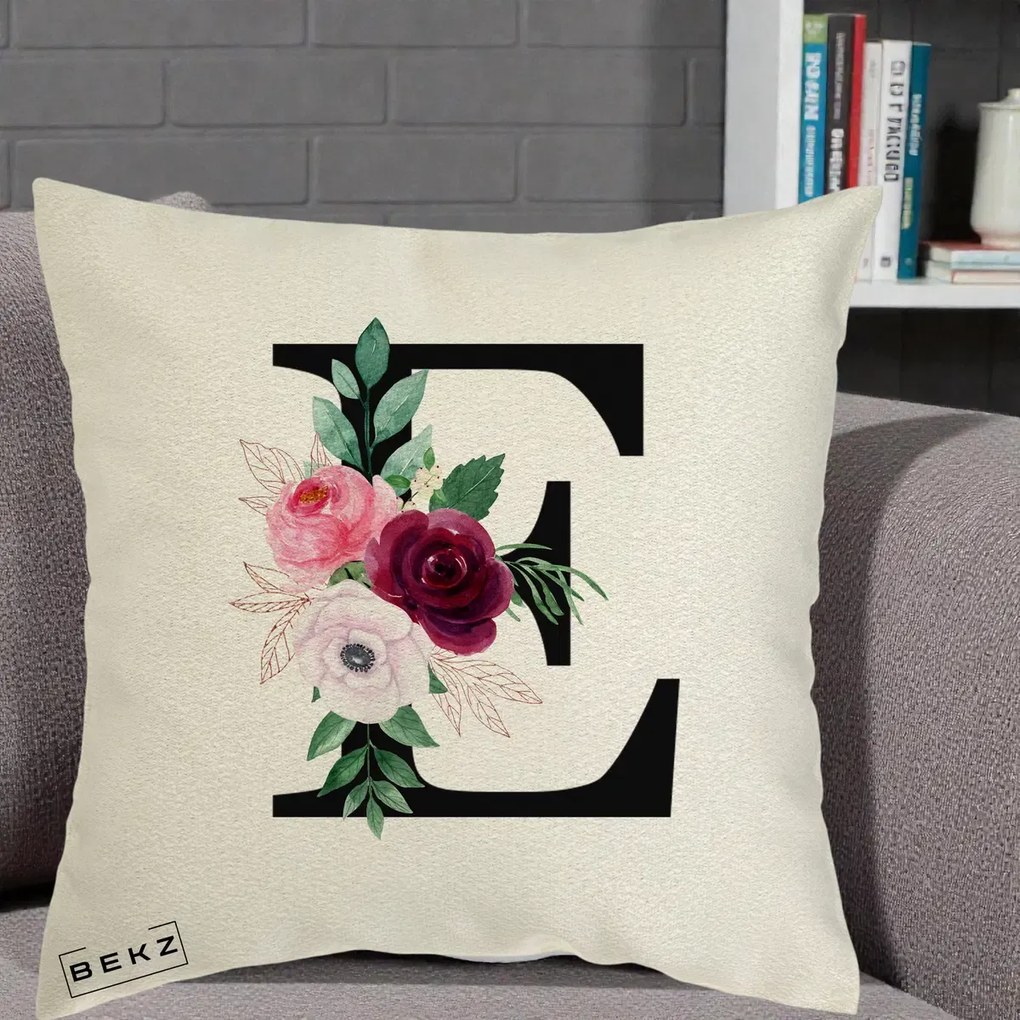 Cadou Personalizat - Perna Personalizata Monograma Florala Litera E, 40x40 cm, Ecru, Husa Detasabila, Perna Inclusa, BEKZ®