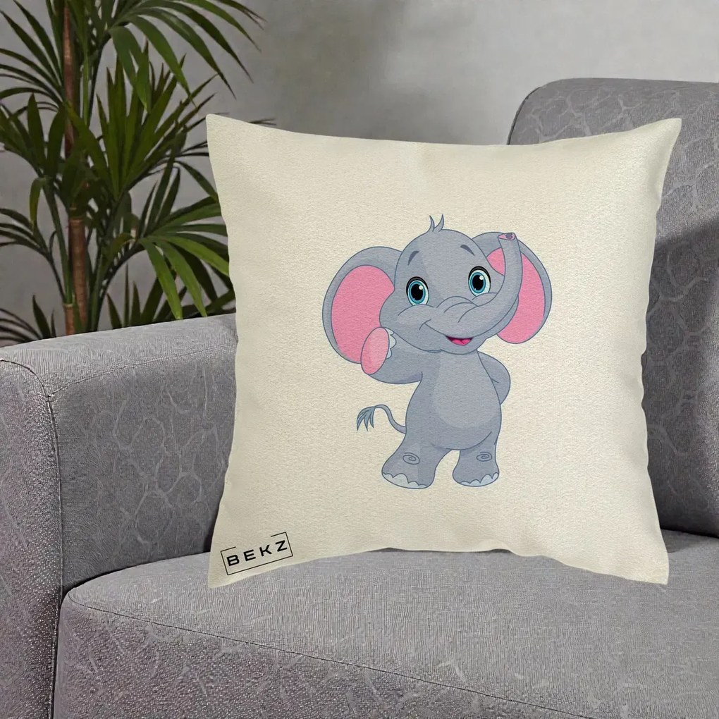 Perna Decorativa Pui de Elefant Kawaii, 40x40 cm, Ecru, Husa Detasabila, Perna Inclusa, BEKZ®