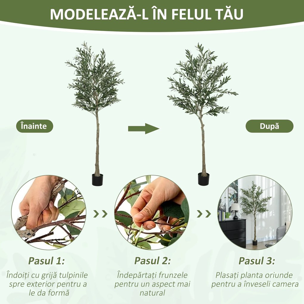 HOMCOM Măslin Artificial Înalt de 180 cm cu 900 Frunze, 40 Măsline și Ghiveci | Aosom Romania