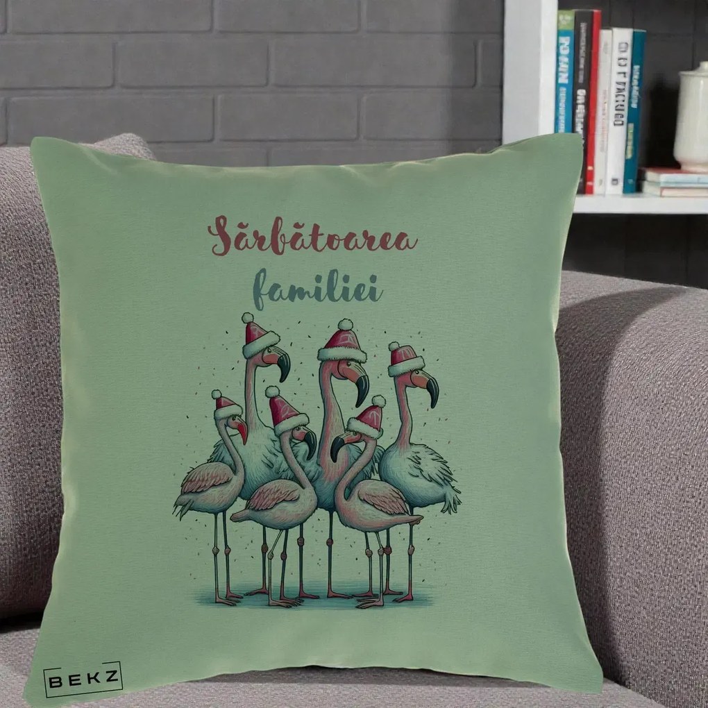 Perna Decorativa Flamingo Craciun Sarbatoarea Familiei, 40x40 cm, Verde, Husa Detasabila, Perna Inclusa, BEKZ®