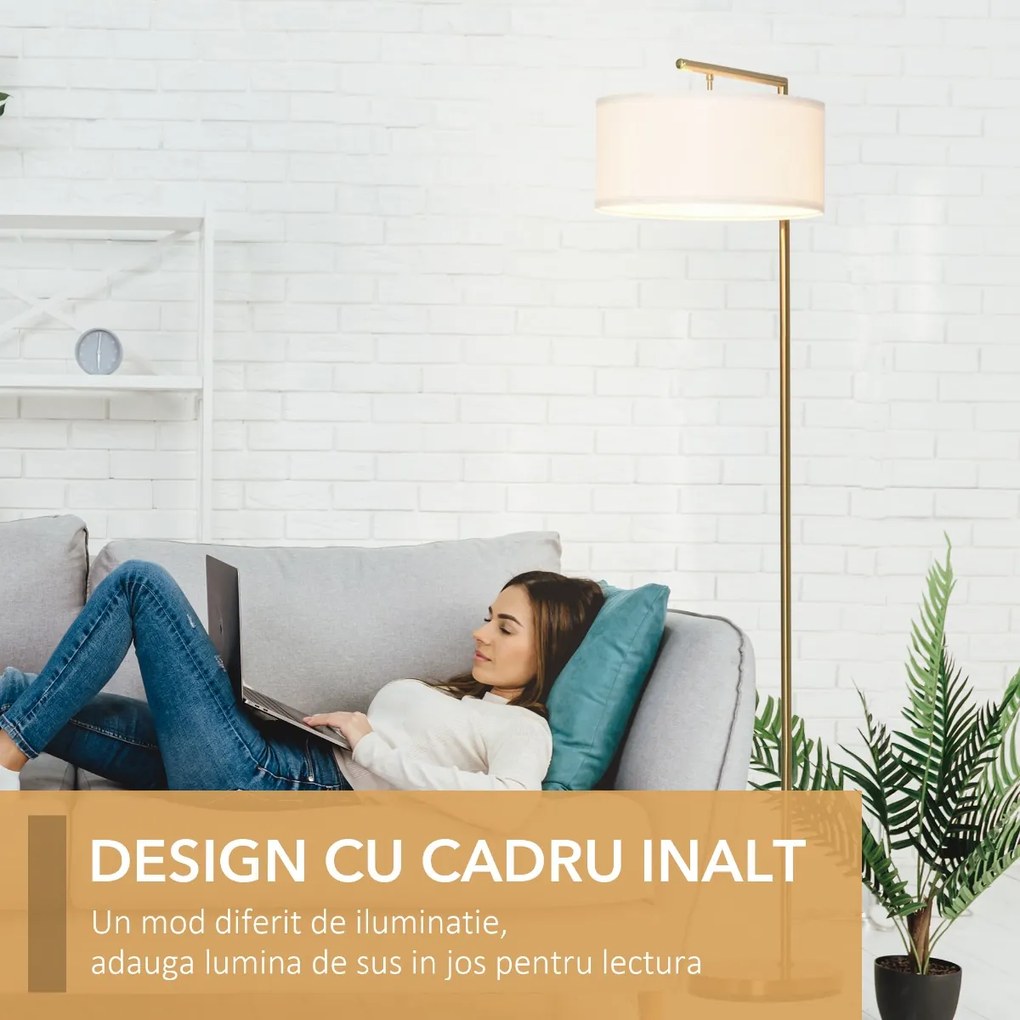 Lampa de podea moderna HOMCOM din metal si cu abajur din material textil, lampa de lectura E27 dimensiune 47x37x153 cm, culoare auriu si alb