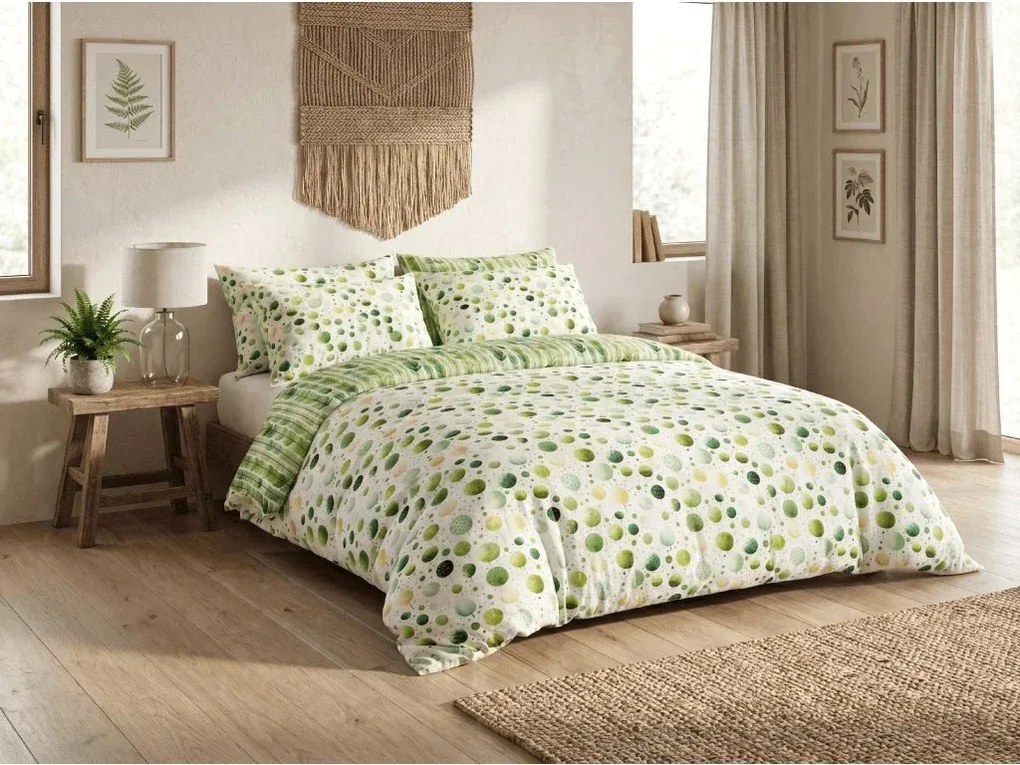 Set Lenjerie de pat creponata GREEN TREES POLY verde + Cearsaf Jersey 180 x 200 cm alb, pat dublu