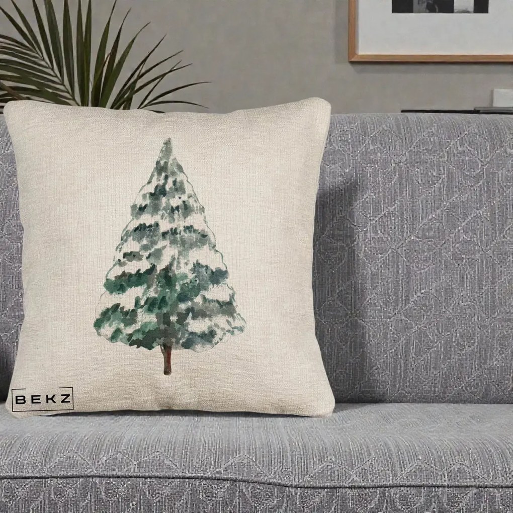 Perna Decorativa Canapea cu tematica de Craciun, Brad 2, 40x40 cm, Bej Canapea, Husa Detasabila, Perna Inclusa, BEKZ®