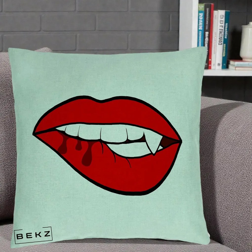 Perna Decorativa Vampire Lips Halloween, 40x40 cm, Verde Menta, Husa Detasabila, Perna Inclusa, BEKZ®