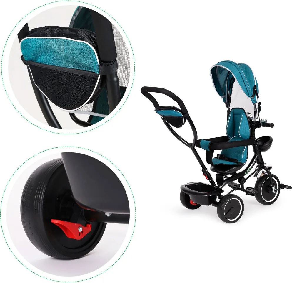 Triciclu triciclu trei roți scaun pivotant copertină verde-albastru