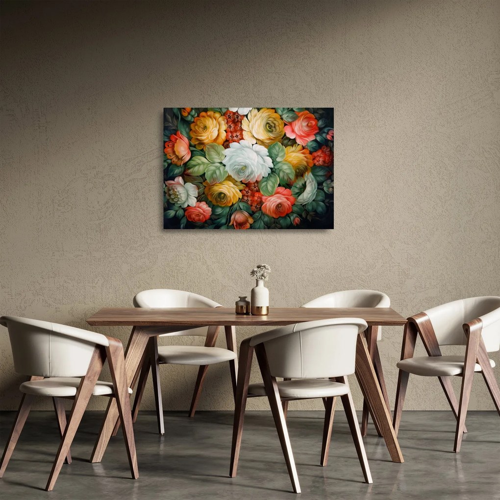 Tablou pe sticlă cu buchet pictat de flori (70x50 cm)