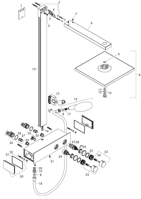 Coloana dus cu baterie si termostat Hansgrohe, Raindance E300, crom