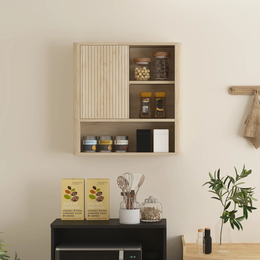 HOMCOM Dulap de baie montabil pe perete cu rafturi reglabile, ușă glisantă și rafturi deschise, lemn natural | Aosom Romania