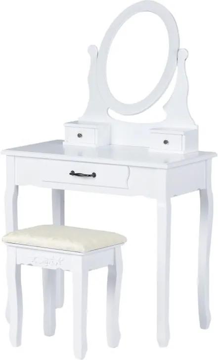 Set Masa Toaleta pentru Machiaj cu Oglinda Ovala si Sertare + Scaun, Stil Simplist, Culoare Alb