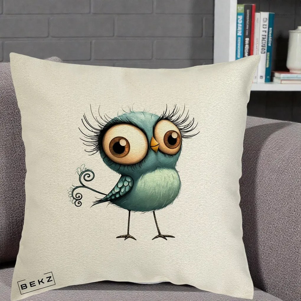 Perna Decorativa Pasare Teal cu Gene si Coada Spiralata, 40x40 cm, Ecru, Husa Detasabila, Perna Inclusa, BEKZ®