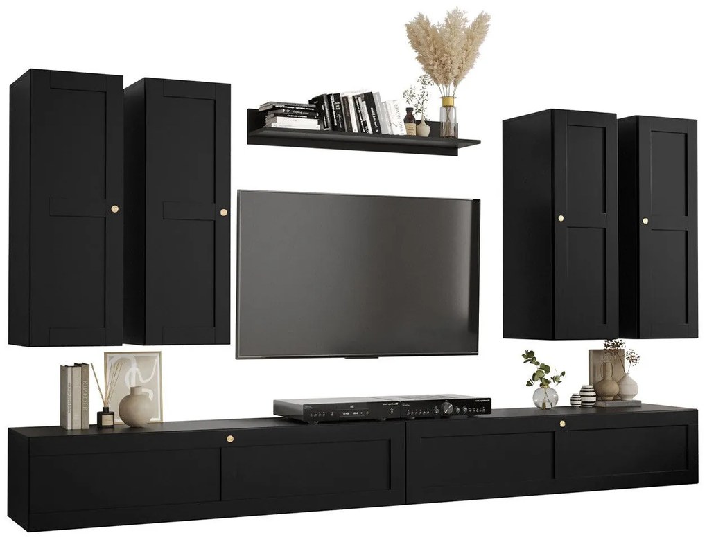 Mobilă pentru sufragerie Hartford G107 (Negru)Negru, Cu componente suplimentare, Părți separate, Cu comodă tv, MDF, PAL laminat, 300x40cm, 45 kg