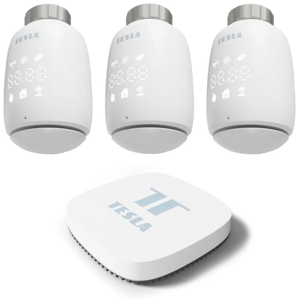 SET 3x cap termostatic inteligent fără fir TESLA Smart 2xAA + pasarelă inteligentă Hub Wi-Fi