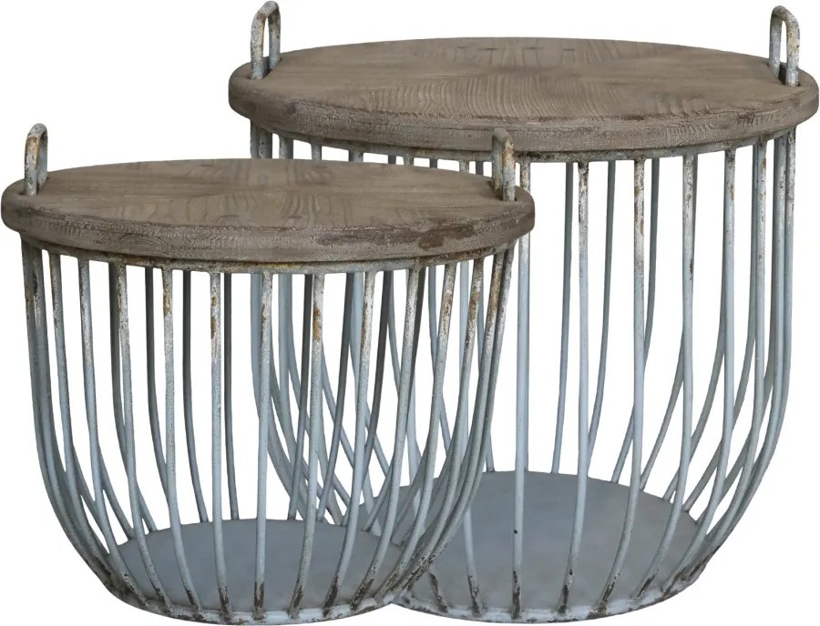 Set 2 măsuțe de cafea rotunde din lemn de chiparos și metal, natur și opal, cu structură tip coș, finisaj antichizat, 48 x 57 cm, „Antique Opal”