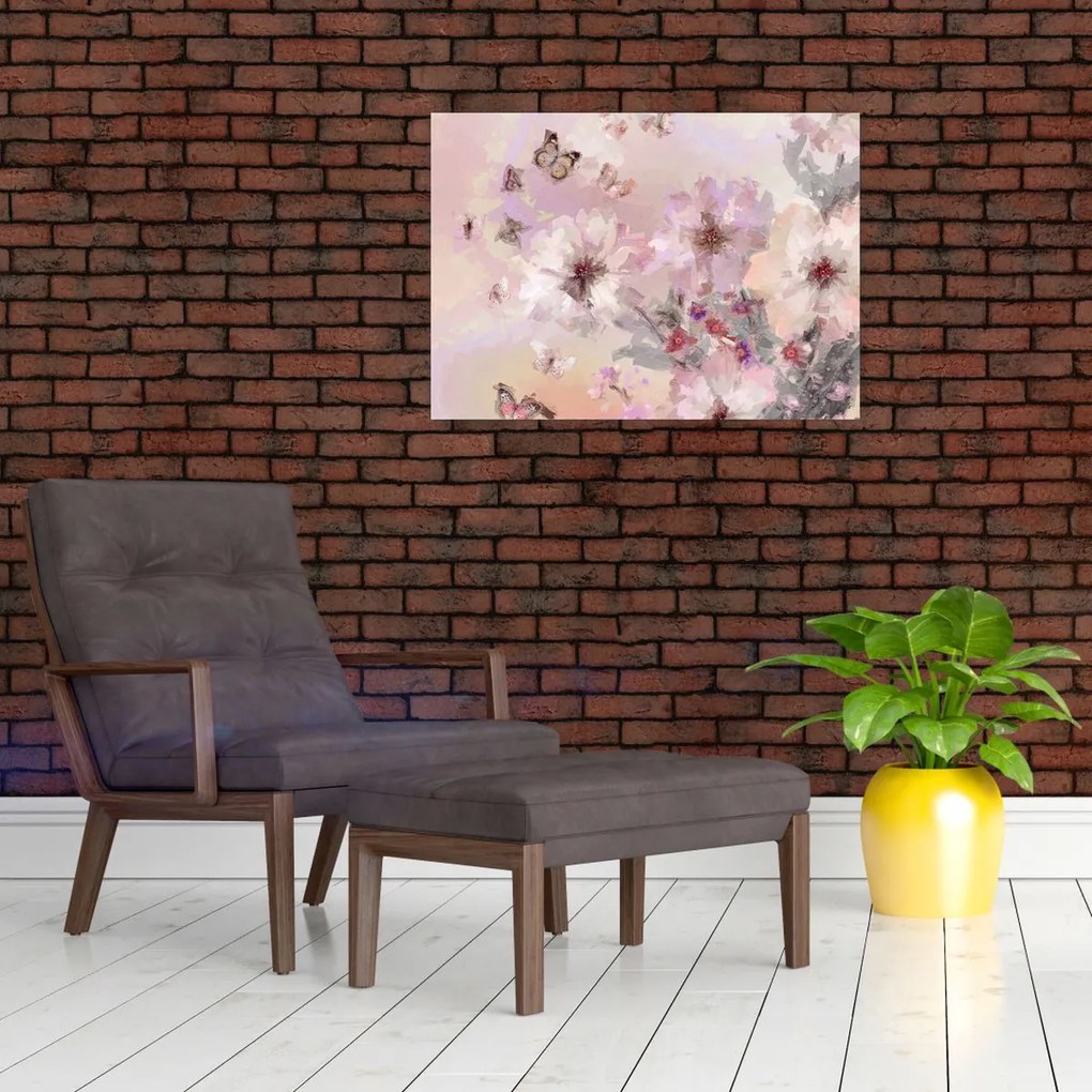 Tablou pe sticlă - Colaj de artă cu fluturi (70x50 cm)