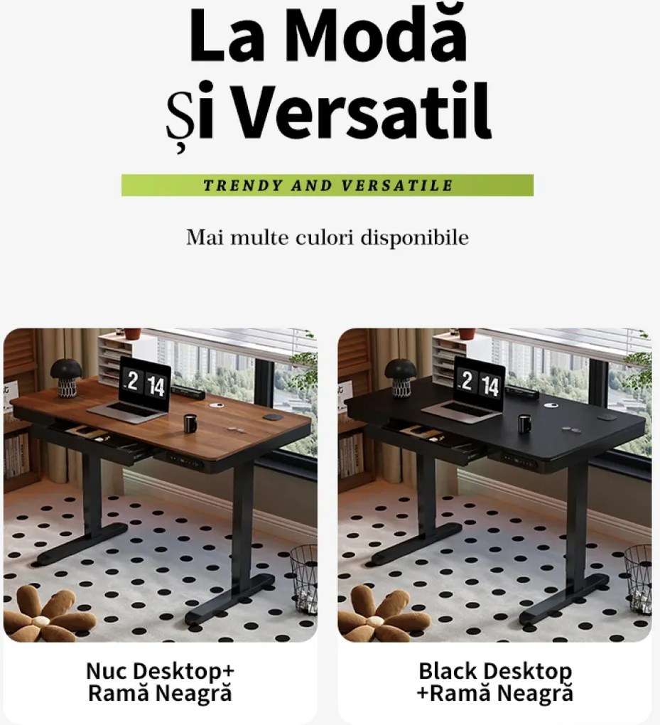 Birou Electric Reglabil pe Înălțime cu Sertar Ascuns, Încărcare Wireless & USB, Senzor de siguranță, 120x60, Nuc/Negru