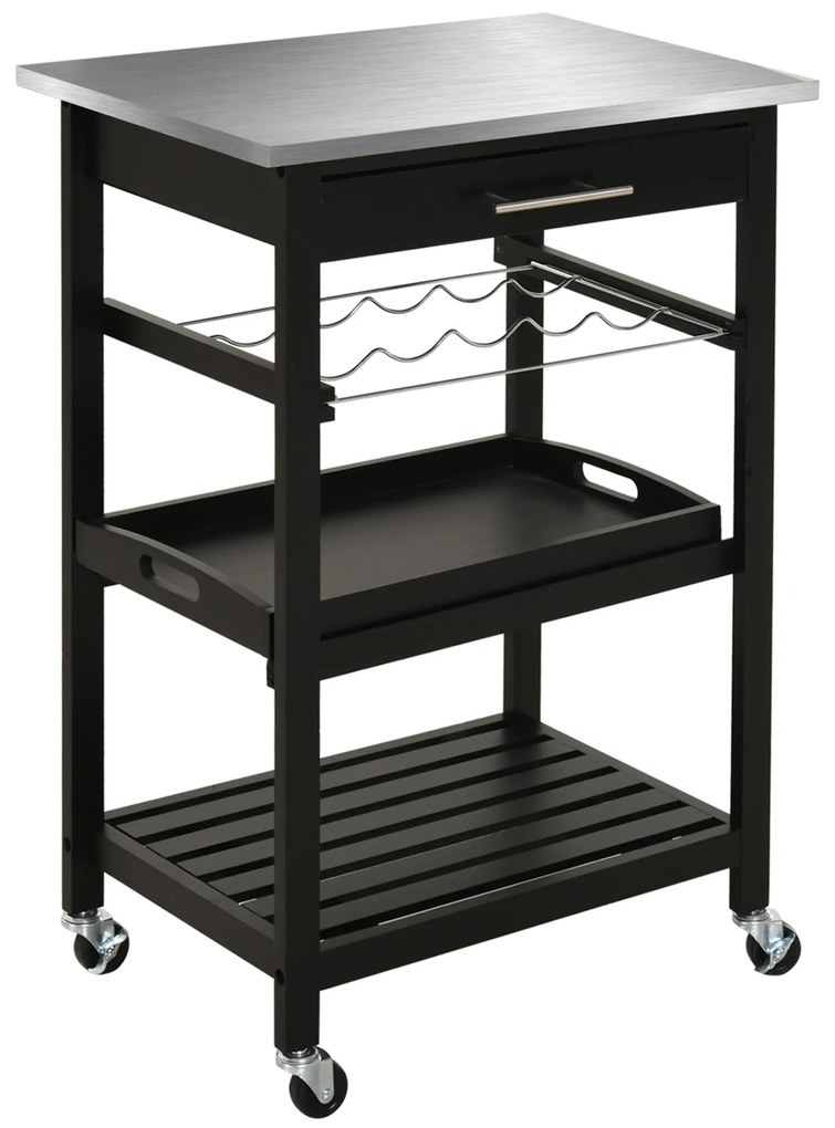HOMCOM Carucior de Servire, carucior pentru bucatarie cu raft pentru sticle, 60L x 40l x 85h cm, blat din inox, negru | Aosom Romania