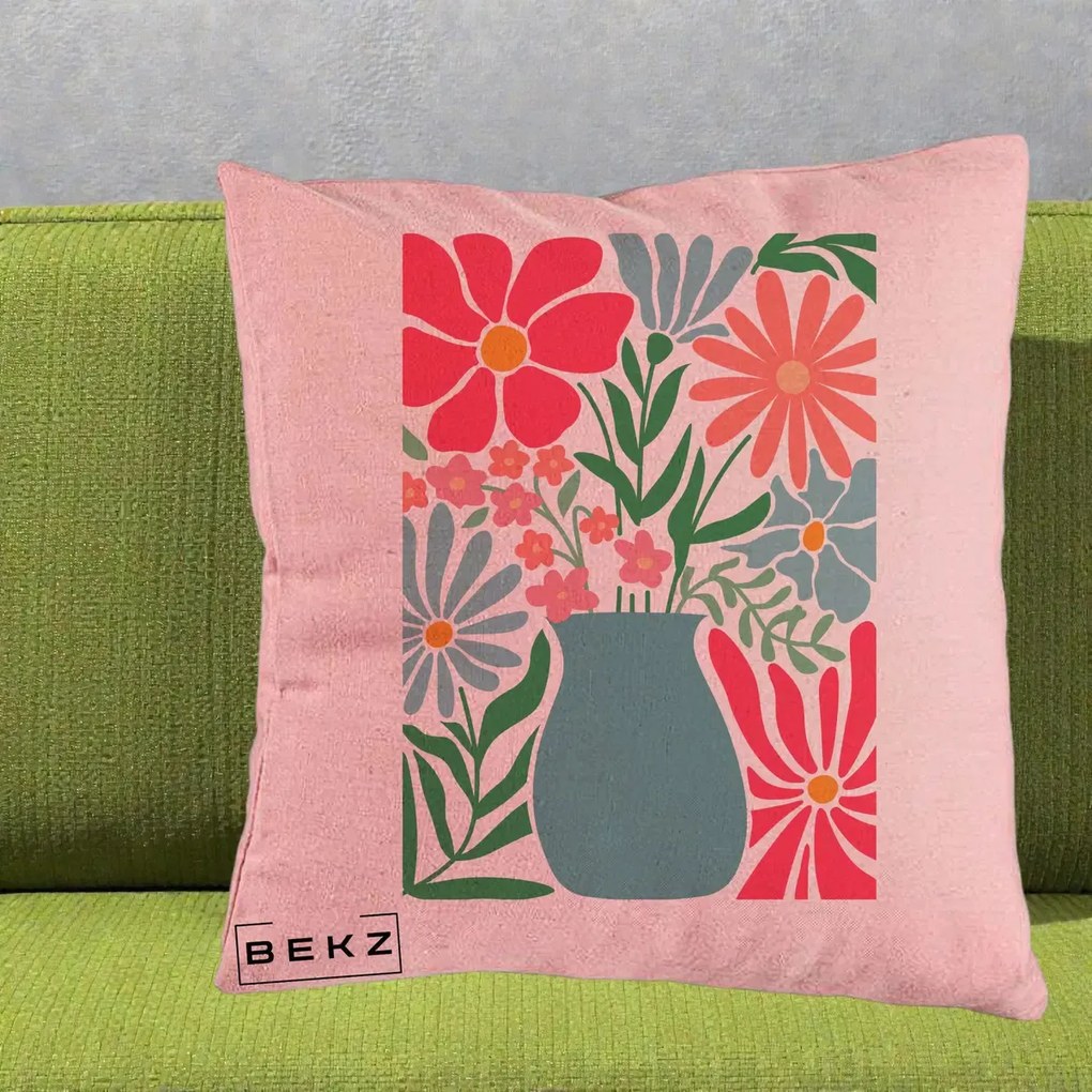 Perna Decorativa Flori in Vaza Turcoaz, 40x40 cm, Roz, Husa Detasabila, Perna Inclusa, BEKZ®