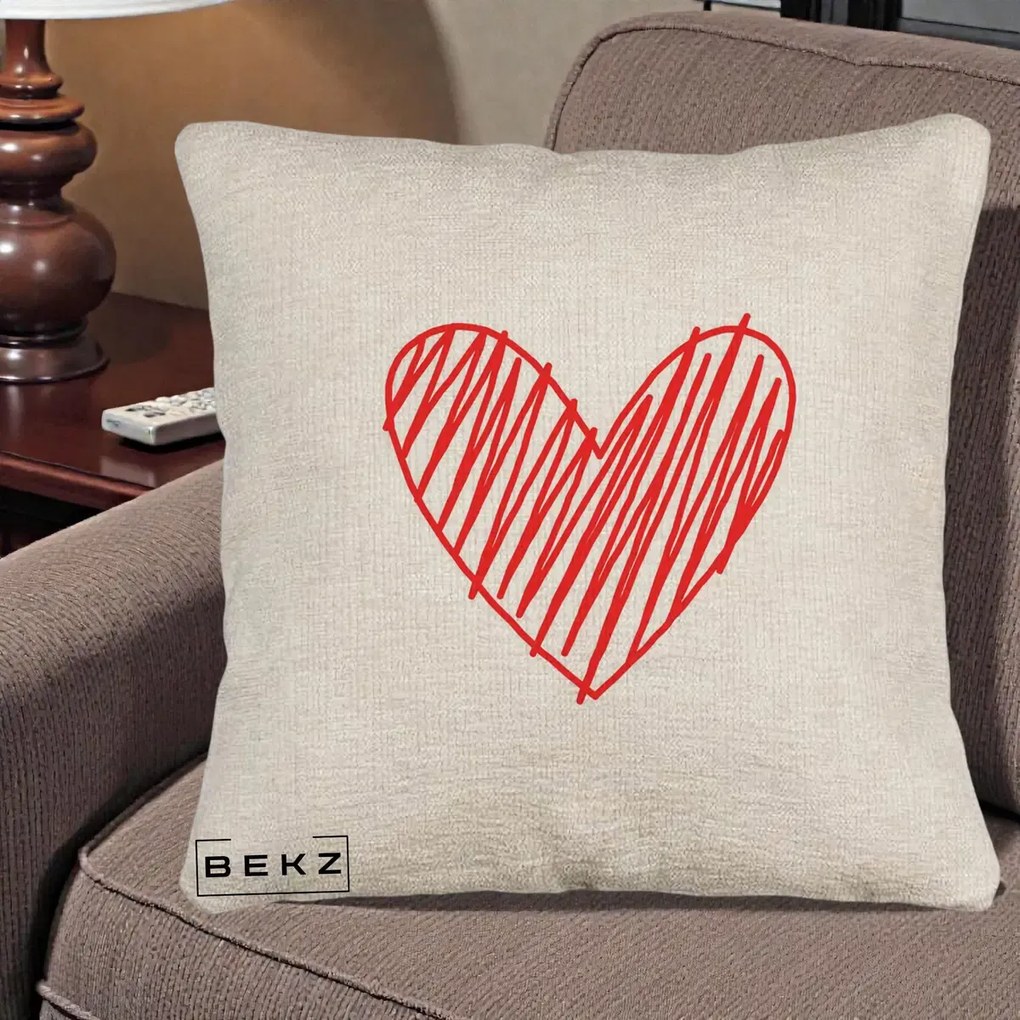Perna Decorativa Inima Rosie Desen Manual, 40x40 cm, Bej Canapea, Husa Detasabila, Perna Inclusa, BEKZ®