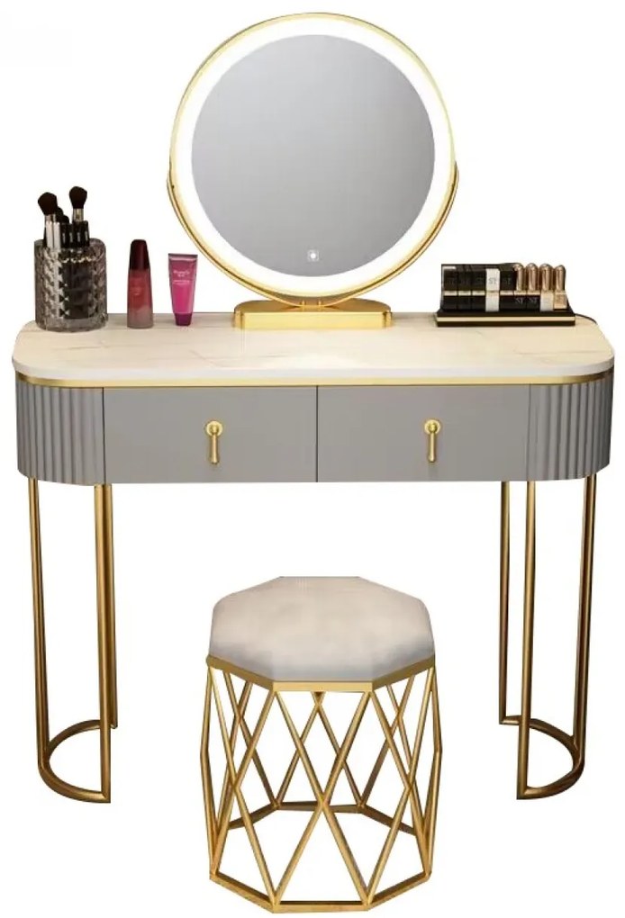 Set LISA – Masă de Toaletă pentru Machiaj, Oglindă Iluminată LED, Control Touch, Sertar, Taburet tapitat, Gri, 100x40x75 cm