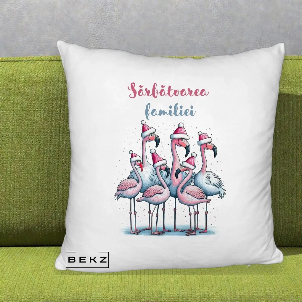 Perna Decorativa Flamingo Craciun Sarbatoarea Familiei, 40x40 cm, Alb Pufos, Husa Detasabila, Perna Inclusa, BEKZ®