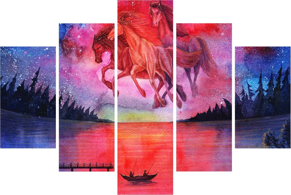 Tablou - Apariția cailor spațiali peste lac, acuarelă (150x105 cm)