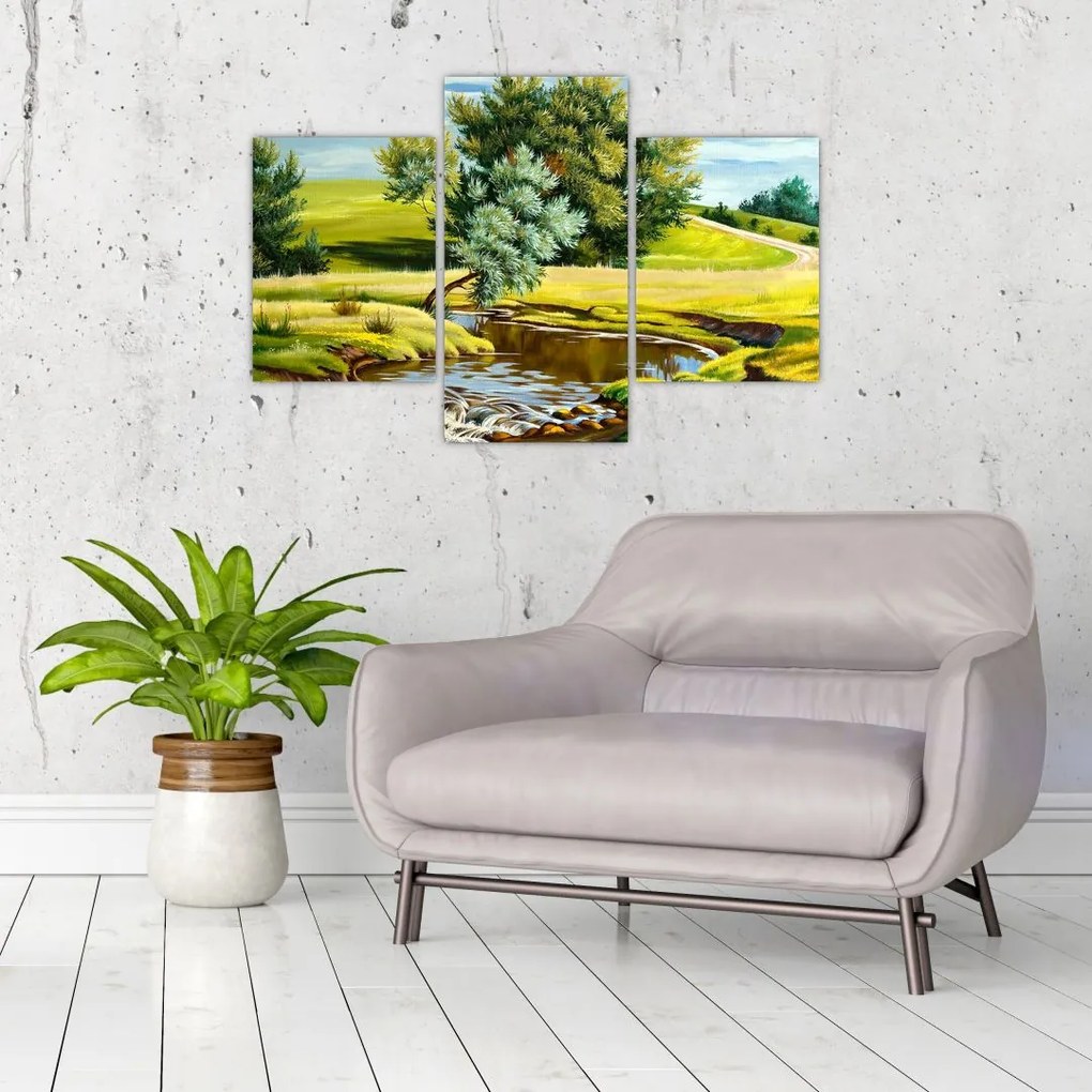 Tablou - Râu între câmpii, pictură în ulei (90x60 cm)