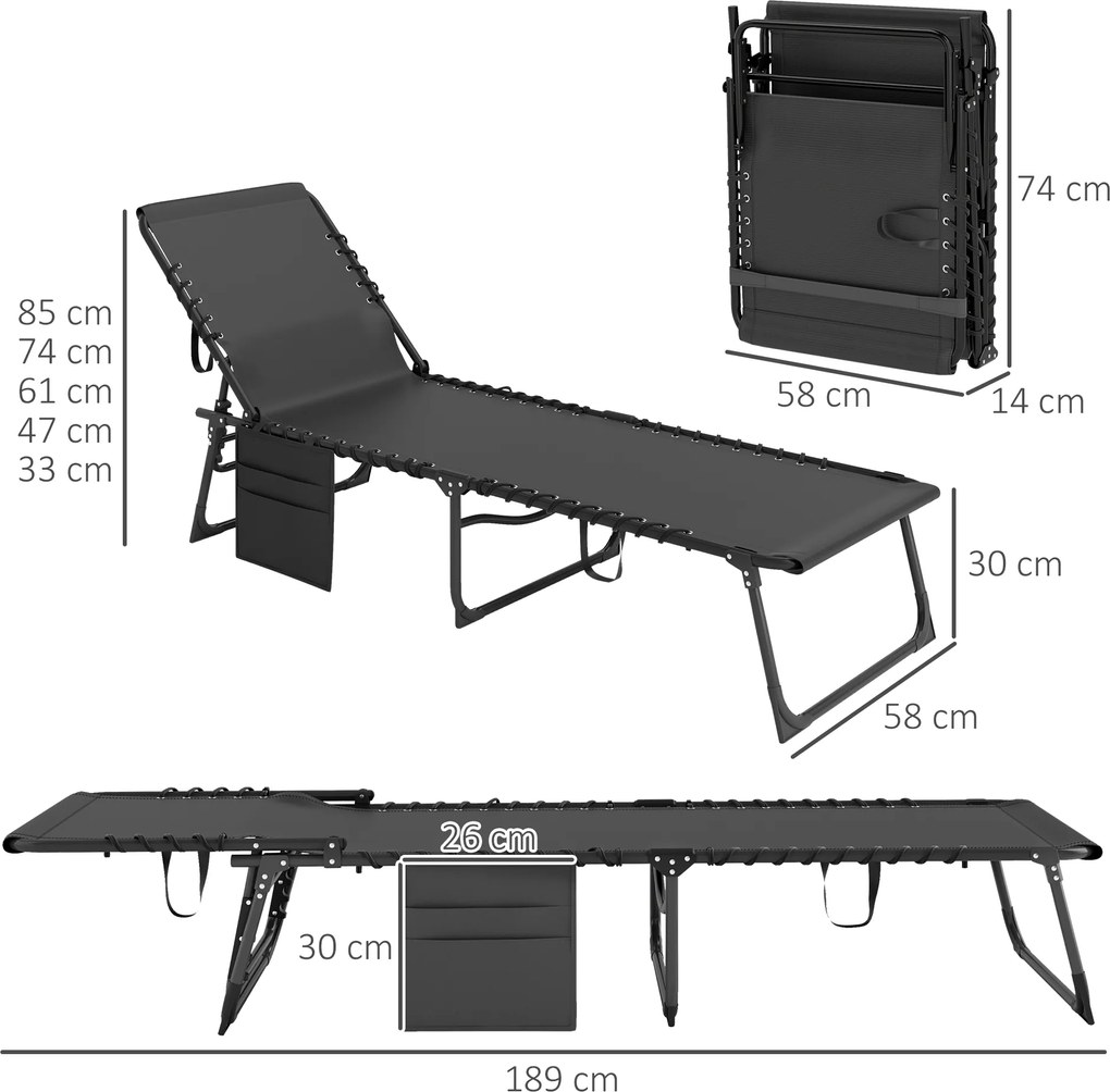Outsunny Șezlong Pliabil, Spătar Reglabil în 5 Trepte, Pernă, Tapițerie, până la 120 kg, Oțel, Gri Deschis, 58 x 189 x 32,5 cm | Aosom Romania