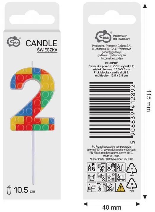 Colorat Pick Blocks Lumânare pentru tort cifră 2, bloc de construcție