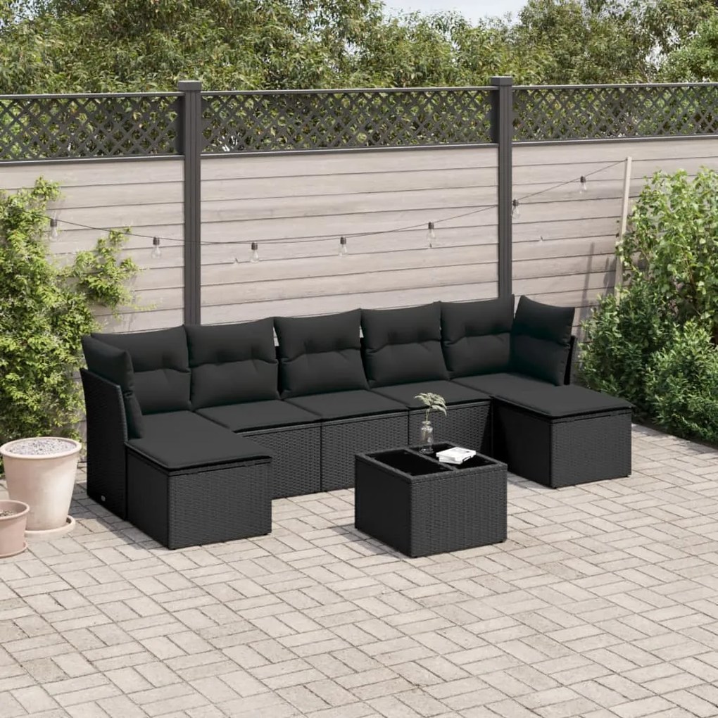 3218035 vidaXL Set mobilier de grădină cu perne, 8 piese, negru, poliratan