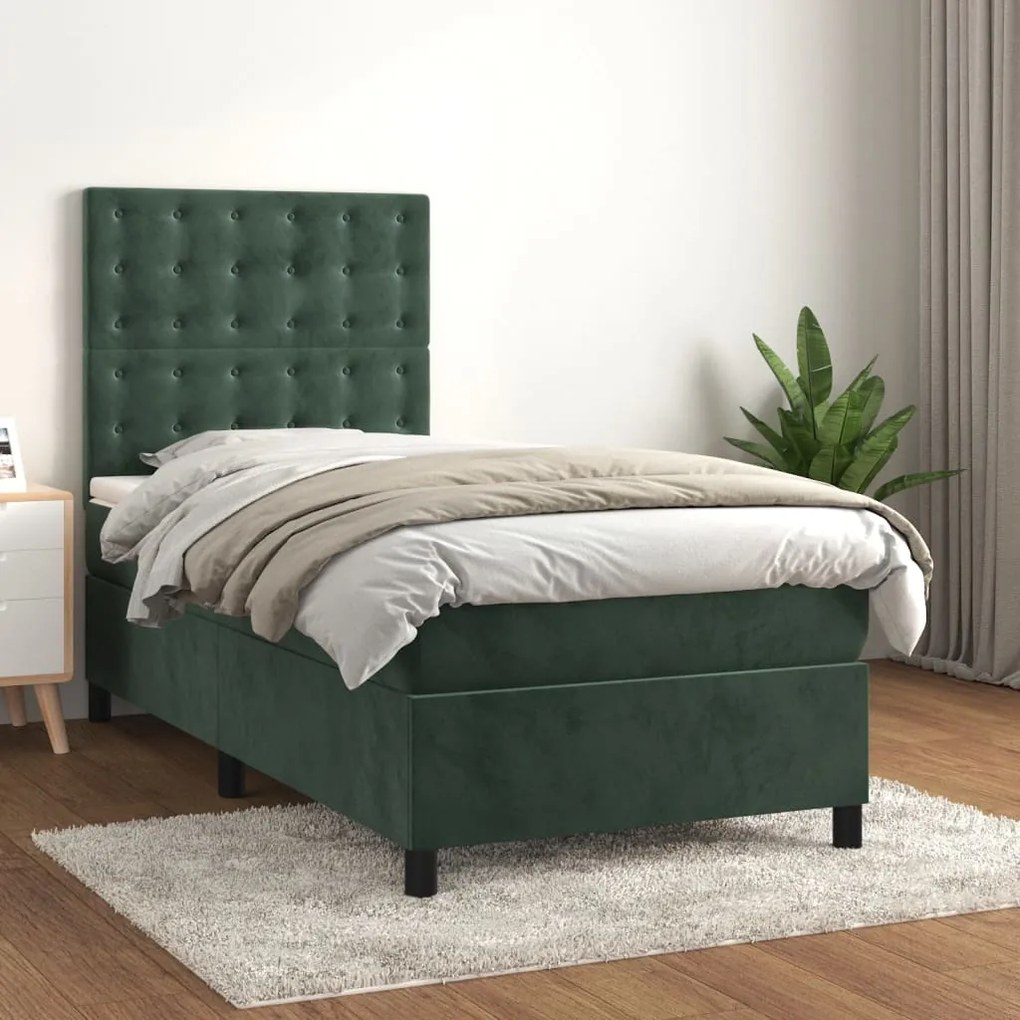 Pat box spring cu saltea, verde inchis, 90x190 cm, catifea Verde inchis, 90 x 190 cm, Nasturi de tapiterie