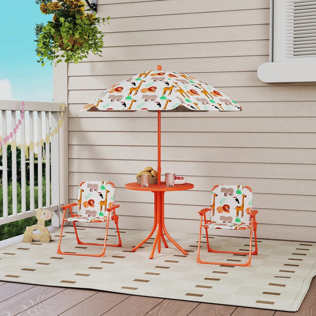 AIYAPLAY Set de Grădină pentru Copii, Masă și Scaune cu Umbrelă, Masă de Picnic pentru Exterior cu 2 Scaune Pliabile pentru Copii de 2-5 Ani, Portocaliu | Aosom Romania