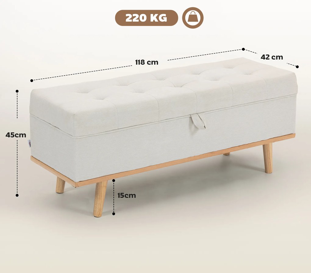 HOMCOM Taburet depozitare 80L, material textil, picioare lemn, 118x42x45 cm, crem | Aosom Romania