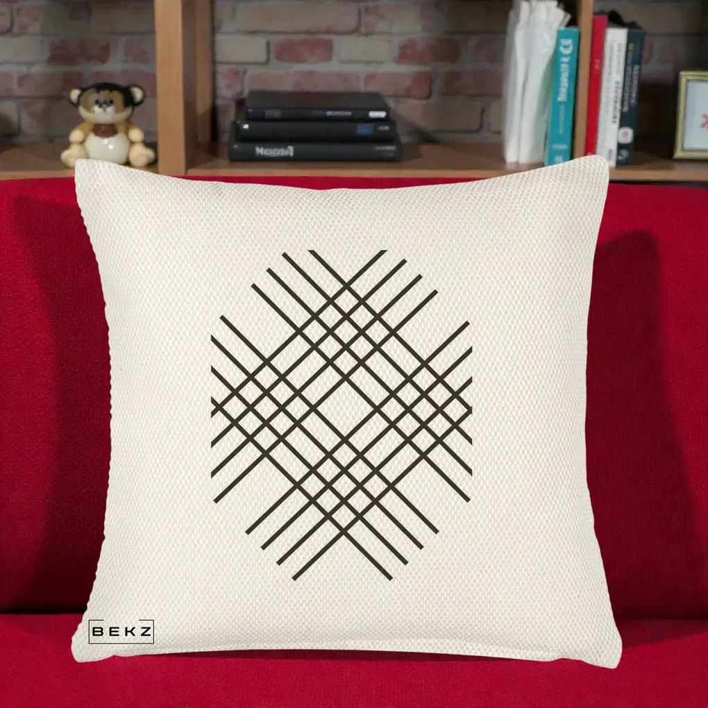 Perna Decorativa Geometric Grid, 40x40 cm, Crem Reliefat, Husa Detasabila, Perna Inclusa, BEKZ®