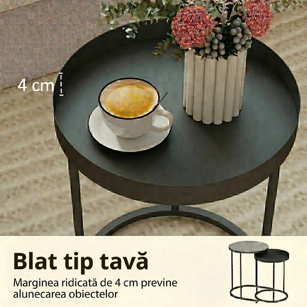 HOMCOM Set de 2 Măsuțe de Cafea în Stil Industrial, din Lemn și Metal, Ø42x54 cm și Ø36.5x48.5 cm, Gri și Negru | Aosom Romania