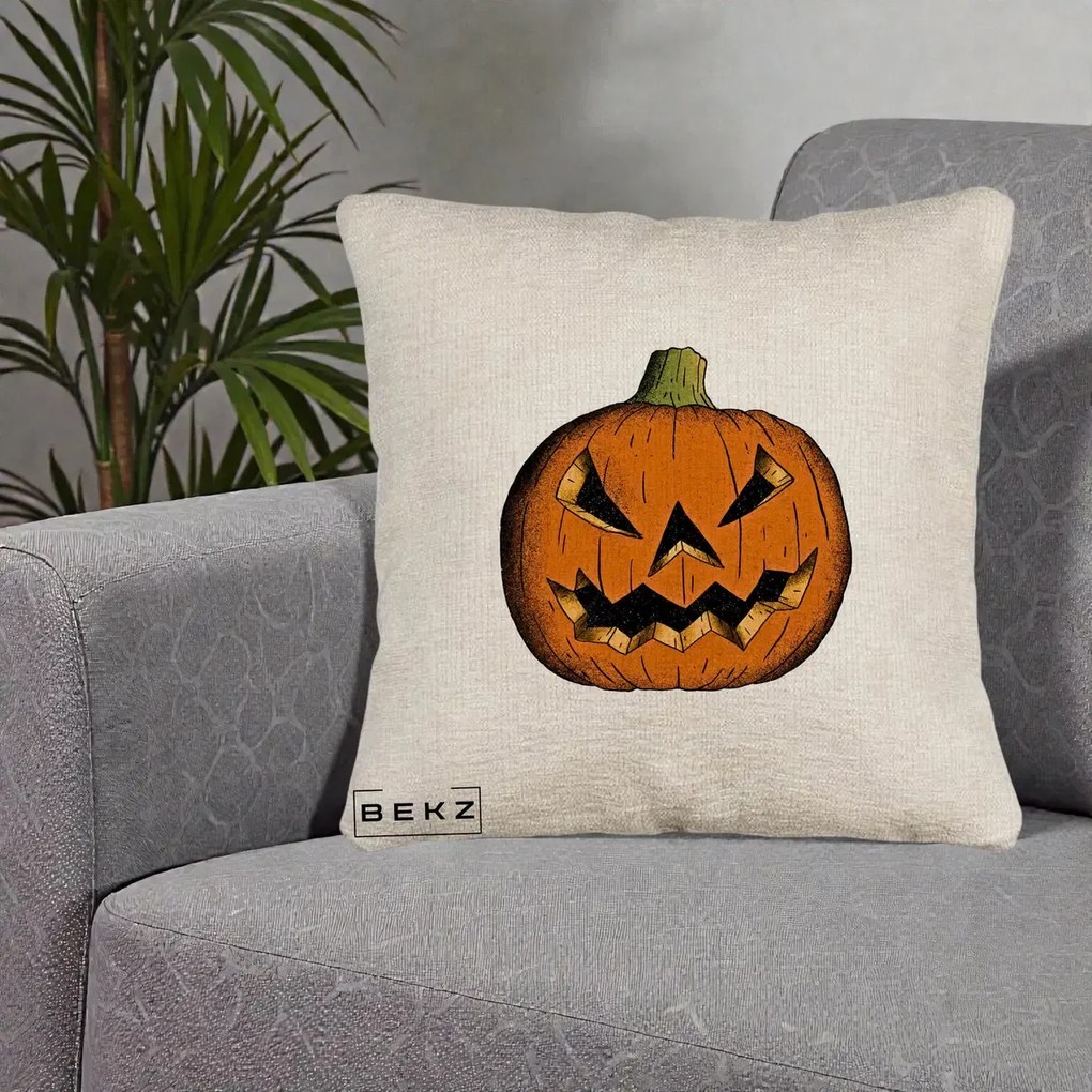 Perna Decorativa Halloween Dovleac Portocaliu Clasic, 40x40 cm, Bej Canapea, Husa Detasabila, Perna Inclusa, BEKZ®