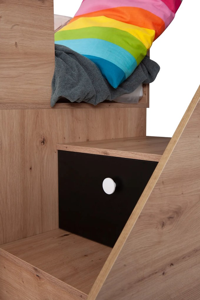 Pat pentru copii combinat 90 cm Sami 14 (Stejar artisan + negru mat + mânere albe). 1085820